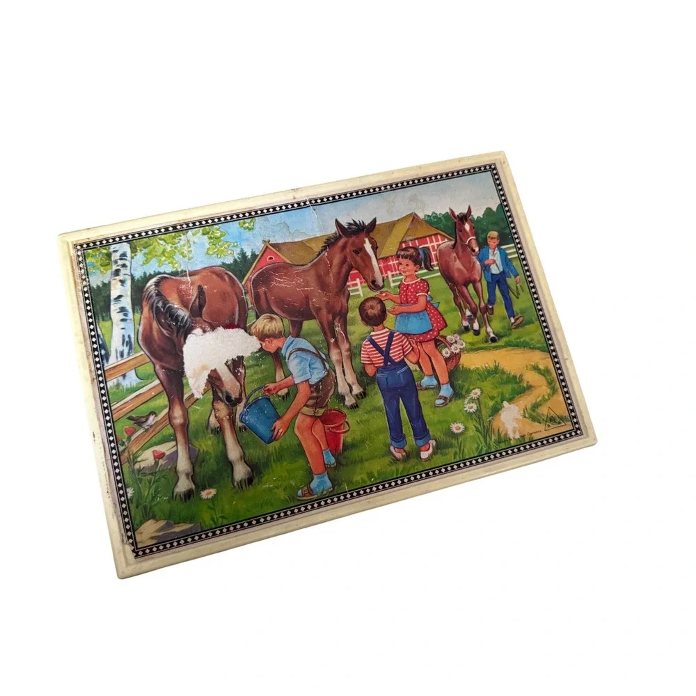 Childrens vintage 1950 Wooden Picture Block Puzzle‎ and Case made in Germany